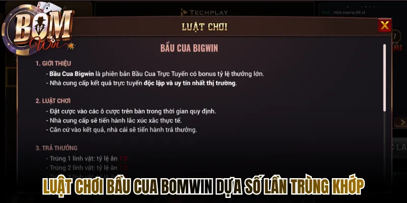 Luật chơi bầu cua Bomwin dựa số lần trùng khớp